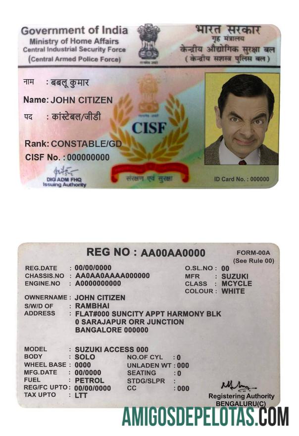 Carteira de motorista CISF da Índia exemplo real